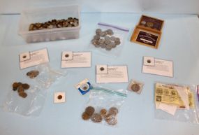 23  Box of Foreign Paper Currency, Foreign Coins & US Coins 3 buffalo nickels & four mercury dimes