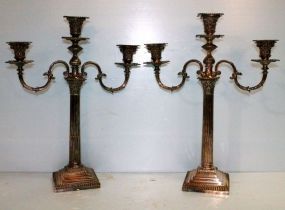 29  Pair of English Sheffield Candlesticks Pair of English Sheffield (Mappin Brothers) candlesticks with Corinthian columns, three arms; 13 1/2