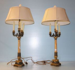 37  Fine Pair of 19th Century French Bronze and Marble Candelabra Lamps Nineteenth century bronze marble candelabra lamps with bronze. Empire style, faux ivory finials; 36