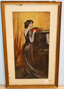 209  Victorian Print of Lady and Piano 15 1/2
