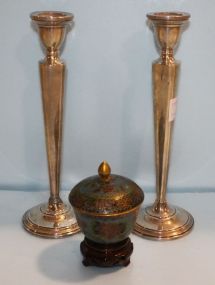 223  Pair of Sterling Candlesticks and Cloisonne Vase Weighted, one has repair at base, and one has dent and small cloisonne vase with stand