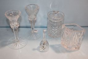 236  Waterford Glass Jar, candlestick, bell, and vase