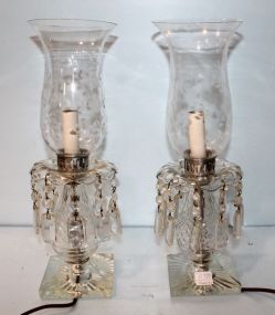 317  Etched Hurricane Glass Lamps 1940's, with glass prisms
