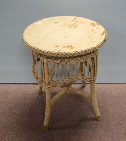 457  White Wicker Side Table with Wood Top 18 1/2'' dia., 23'' h.
