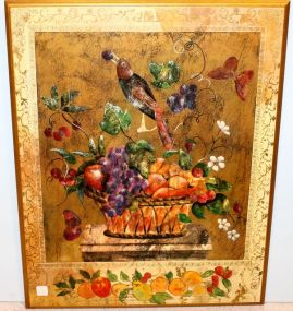 Handpainted on Wood Bird with Basket of Fruit