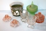 Pink Depression Candlesticks, Pink Depression Covered Dish, Depression Sugar and Creamer, Green Satin Covered Dish & Small Ice Bucket