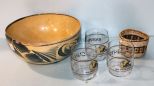 Blue Designed Pottery Bowl & Three Saints Tumblers