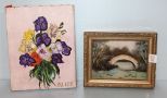 Small Painting of Bridge & Pansy Painting Signed Alice