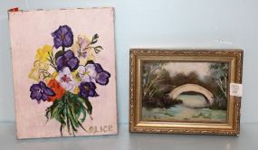 Small Painting of Bridge & Pansy Painting Signed Alice