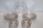 Nine Etched Glass Dessert Plates & Two Cut Glass Powder Jars