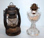 Glass Oil Lamp & Metal Lantern