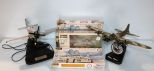 P-51 Mustang Model on Stand, Three Model Planes & Clock/Plane on Stand