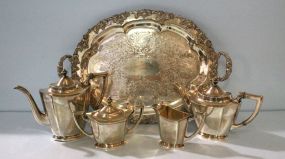 Four Piece International Sterling Tea Set with Large Silverplate Tray