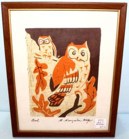 Wood Block Print of Owl by M. Nungester Wolfe