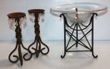 Glass Centerpiece on Iron & Pair of Iron Candlesticks