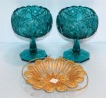 Pair of Blue Glass Candy Dishes & Gold Wire Basket
