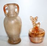 Covered Carnival Glass Powder Jar & Glass Vase