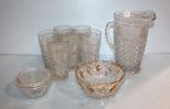 Press Glass Pitcher, Six Glasses, Fruit Bowl & Refrigerator Dish