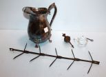 Silverplate Water Pitcher, Lead Crystal Decanter Top, Brass Finial & Iron Holder
