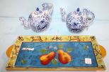 Two Blue and White Chinese Teapots & Pear Platter