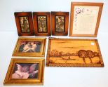 Wood Picture, Two Angel Pictures, Footprints Picture & Three Framed Brass Pictures
