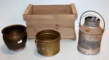 Wood Crate with Two Brass Planters & Galvanized Bucket