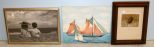 Oil on Board of Sailboat, Beach Print & Print of Flower