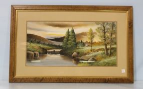 Signed Watercolor of House by a Stream 38