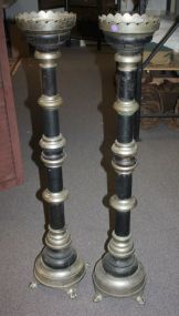Pair Early Wood and Metal Floor Candleholders
