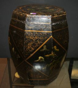 Teak Oriental Box with lid, black and yellow, and handpainted.