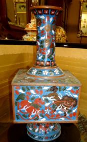 Chinese Cloisonne Foo Dogs Temple Vase Chinese bronze cloisonne Buddhist Temple vase with two dragon handles - 15 1/4