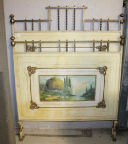 Single Size Bed Handpainted Brass and Metal Single Size Bed, Cr me Painted Bed with Handpainted Panels and Brass Gallery; 58