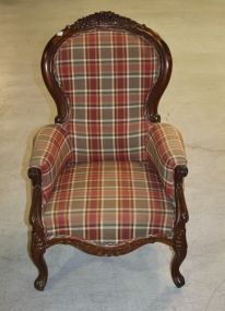 Victorian Walnut Parlor Chair Victorian Walnut Parlor Chair covered in plaid, carved crest; 25