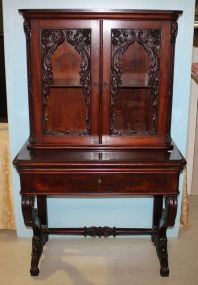 Ornately Carved Mahogany 19th Century Victorian Bookcase/Secretary Ornately Carved Mahogany 19th Century Victorian Bookcase/Secretary, top having two carved glass doors, center leather section for writing over drawer, all supported by rococo leg