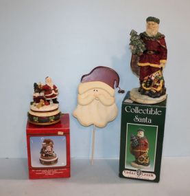Cedar Creek Collectible Santa, Santa Key Wound Music Box and a Wooden Santa Face