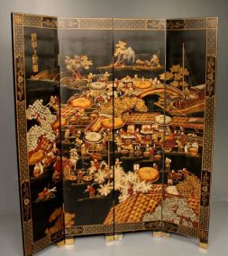 1970's Vintage Beijing Made Four Panel Floor Screen 1970's Vintage Beijing Made Four Panel Floor Screen with raised gold and silver paint celebrating Ching/Ming festival, each panel 16