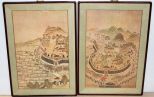 Pair Handpainted Panels Pair early 20th century handpainted on paper Chinese landscape and warrior scene with fabric matte and gold liner; 23