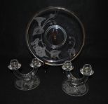 Etched Glass Center Bowl, Pair of Etched Glass Can
