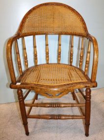 Early Oak Cane Seat & Barrel Back Arm Chair