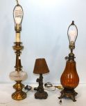 Brass and Glass Lamp, Amber Glass Lamp & Metal Cup Lamp