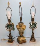 Hand Painted Urn Lamp & Pair of Brass, Marble and Porcelain Lamps