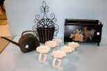 Painted Metal Magazine Rack, Flower Watering Container, Wall Iron Pot & Pair Iron Candlestands
