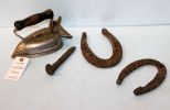 Antique Iron, Two Horseshoes & Iron Spike