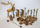 Large Group of Various Size Brass Candlesticks, Brass Swan Vases, Brass Deer & Snuffer