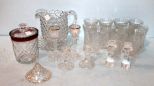 Vintage Pitcher, Covered Jar, Eleven Glasses & Three Pair of Candlesticks