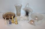 Large Cut Glass Basket, Five Bells, Two Egg Trays, Cake Stand, Vase, Tray & Crystal Clock
