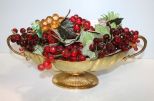 Large Brass Centerpiece Full of Glass Fruit, Basket with Balls & Two Marble Balls on Stands