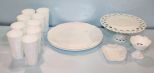 Milk Glass Cake Stand, Two Trays, Nine Glasses & Small Compote