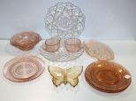 Pink Depression Glass Plates, Bowl, Sugar/Creamer & Other Glass Trays