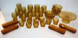 Eight Amber Bowls, Eight Corn Holders, Cake Stand & Various Size Glasses